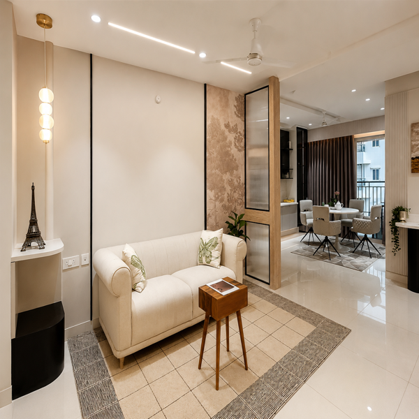 Modern living room, luxury living room, premium home interior, contemporary interior, elegant sofa, beige sofa, cozy seating area, modern furniture, stylish home decor, luxury apartment, residential interior, minimalist interior, sophisticated interior design, premium home decor, neutral color interior, beige interior, white interior, modern lighting, pendant light, LED ceiling lights, ceiling fan, ambient lighting, warm lighting, decorative wall, accent wall, textured wall, wooden partition, glass partition, modern room divider, wooden side table, designer furniture, area rug, patterned rug, indoor plants, decorative vase, Eiffel Tower decor, wall decor, modern TV area, spacious living space, open-plan interior, clean home design, high-end home, aesthetic home, luxury apartment interior, contemporary home decor, stylish apartment, elegant home design, dream home, beautiful living space, premium interior design.
